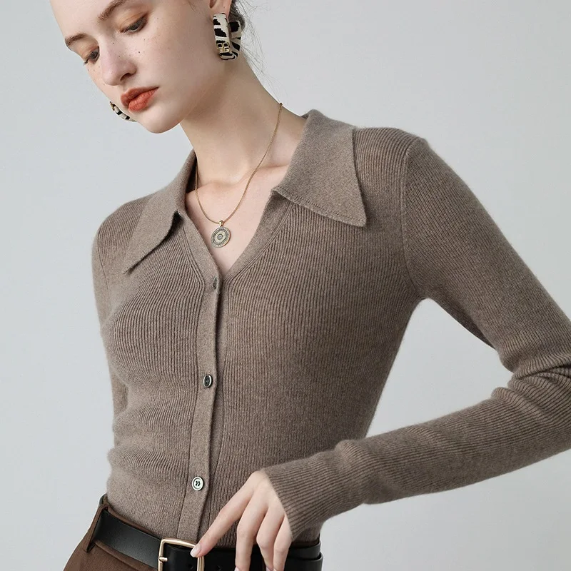 2024 Hot selling Polo Collar Cashmere Sweater Autumn/Winter Solid Color Slim Fit Knitted Cardigan Wool Sweater for Women