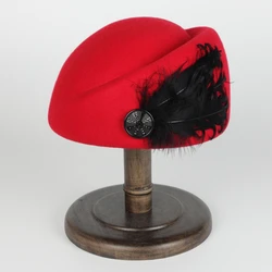 Wholesale Fashionable Women Airline Stewardess Cap Ladies Beret Hats With Feather