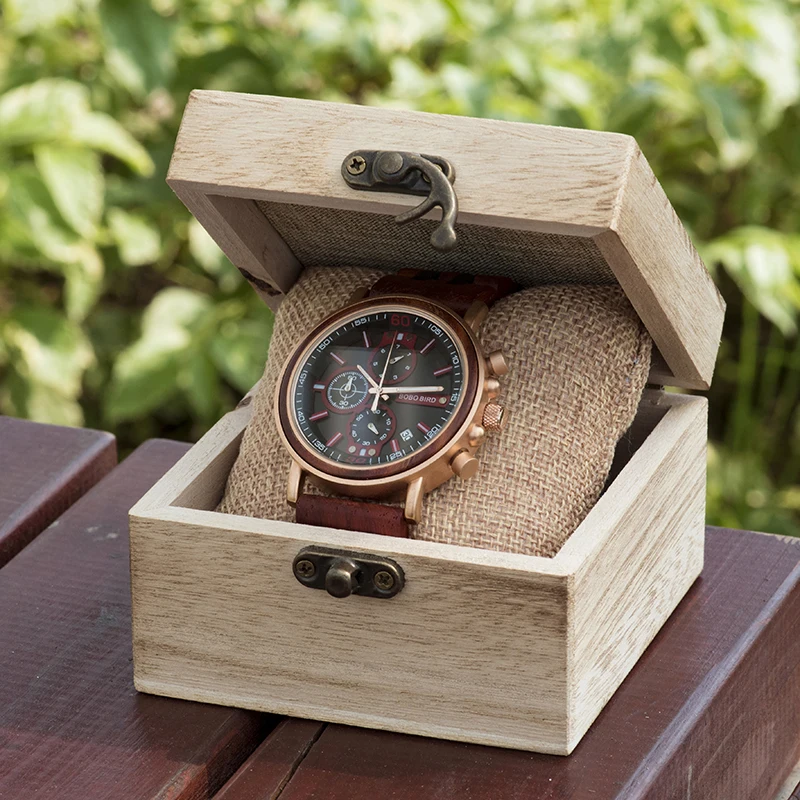 BOBO BIRD Handmade Stainless Steel Montre Homme Wood Watches Stop Function Watches Mens Top Brand Wood Watches with OEM LOGO