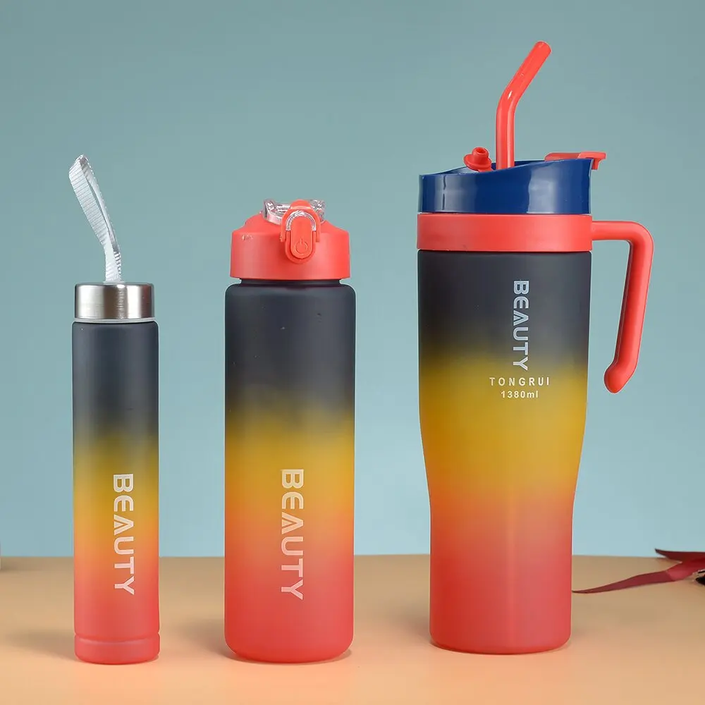Gradient color frosted leakproof 40oz plastic tumbler with handle bpa free reusable sports plastic drinking 3 in 1 water bottle
