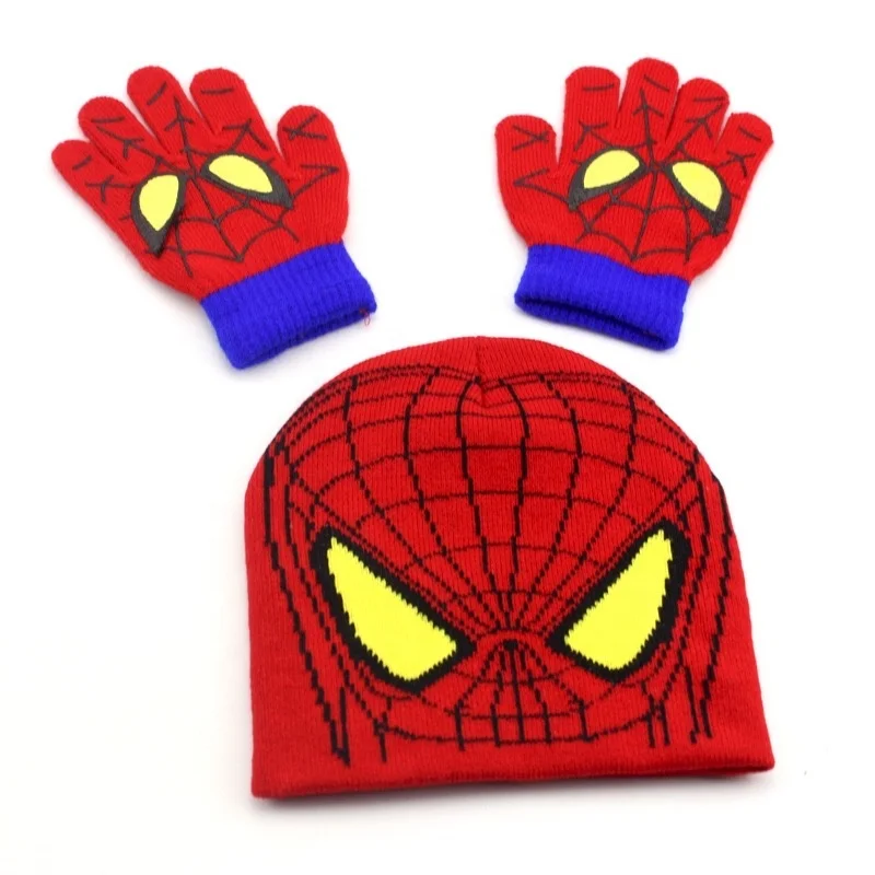 
KENSHELLEY Promotional Custom Baby Beanie Set Children Spider Man Cartoon Beanies Kids Pom Pom Knitted Beanie Scarf Set 