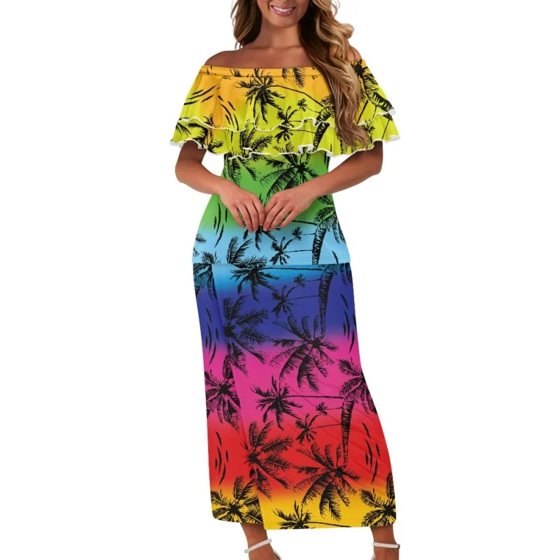Polynesian Tribal Maxi Dresses Samoan Puletasi Women Elegant 2 Piece Dress Set Ruffles Island Party Skirt