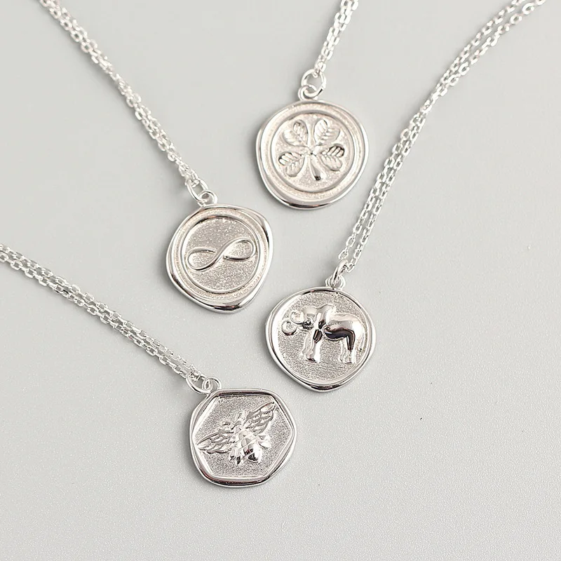 925 sterling silver Greek bee honeybee mythology infinity elephant embossment disc coin pendant necklace