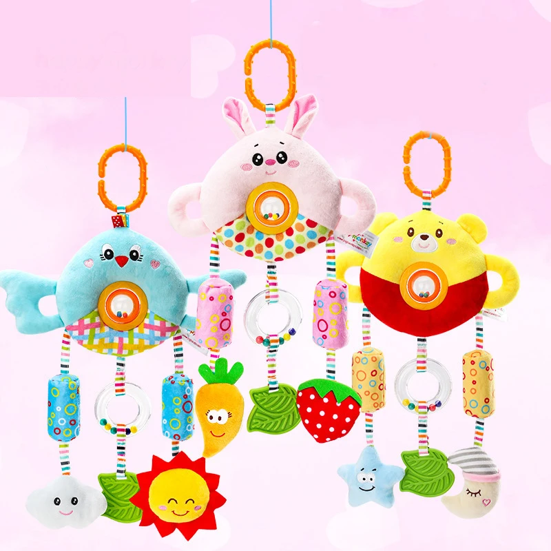 2021 High Quality Stuffed cute Animals Baby Stroller Hanging gift box musical Soft baby rattle Plush Toy with ring bell chocalho