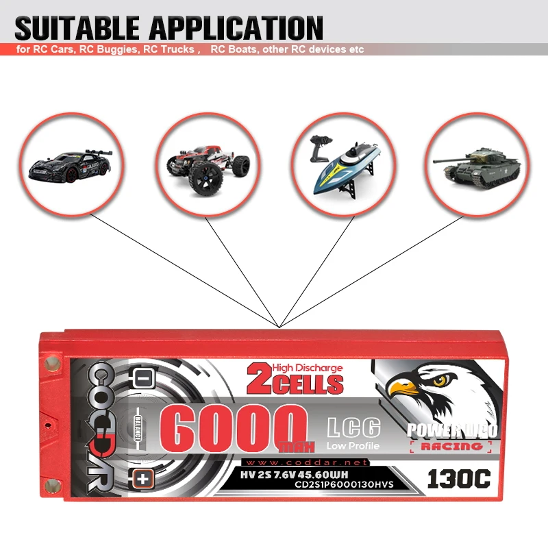 CODDAR 2S 6000MAH HV 7.6V 130C 5mm Bullet Hard Case Ultra LCG 22.5mm Thickness RC LiPo Battery for 1/10 RC Car