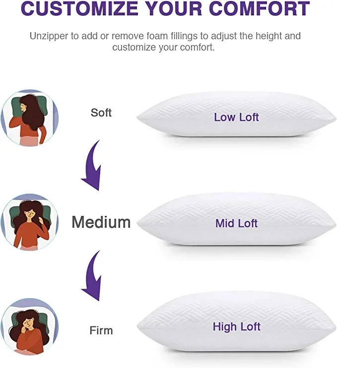 Cooling Shredded Memory Foam Pillows for Sleeping Cold Pillow Queen Size with Zipper Adjustable Firmness to Hot Side Back