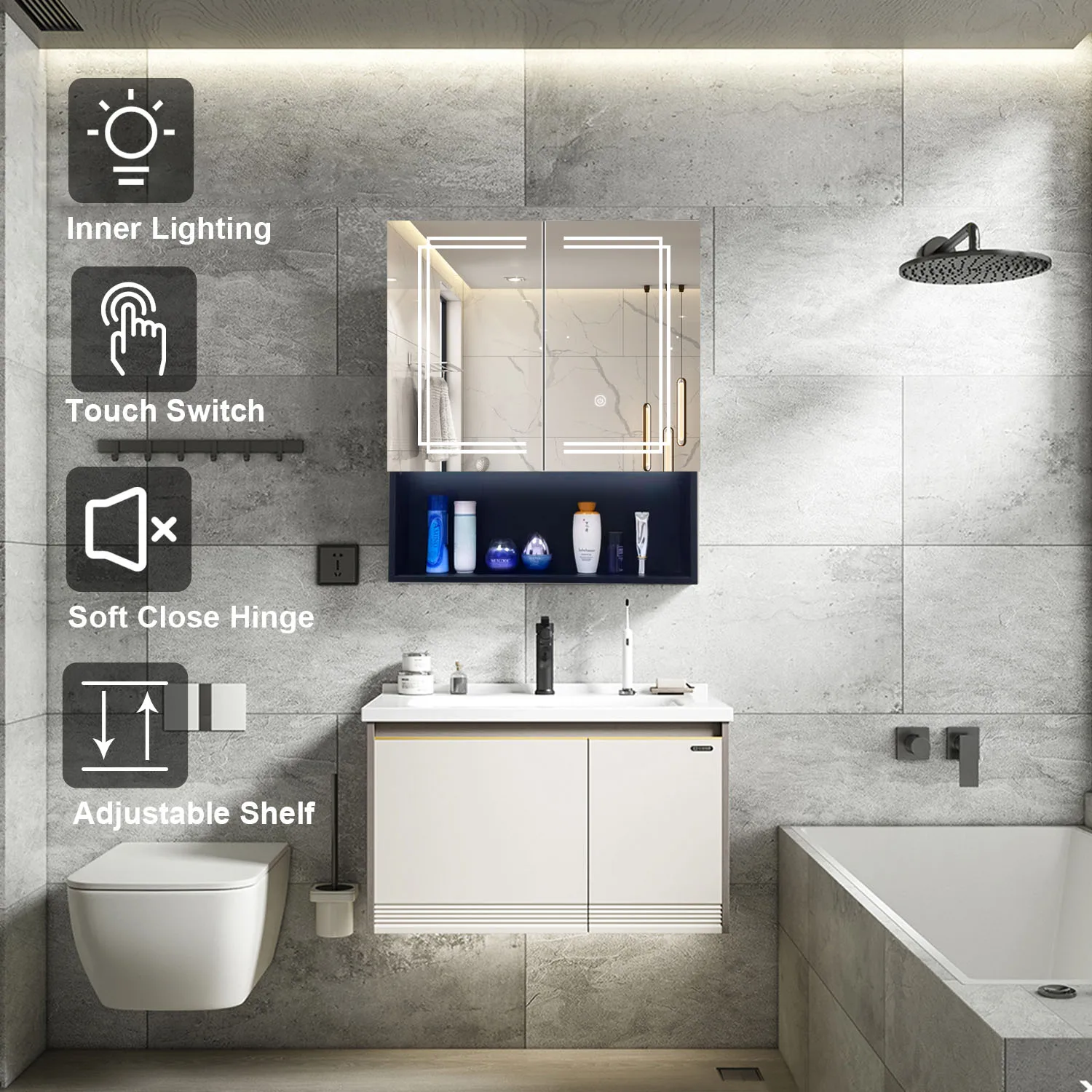 Led light steel with powder coating smart furniture medicine wall mounted waterproof design mdf hotel bathroom mirror cabinet