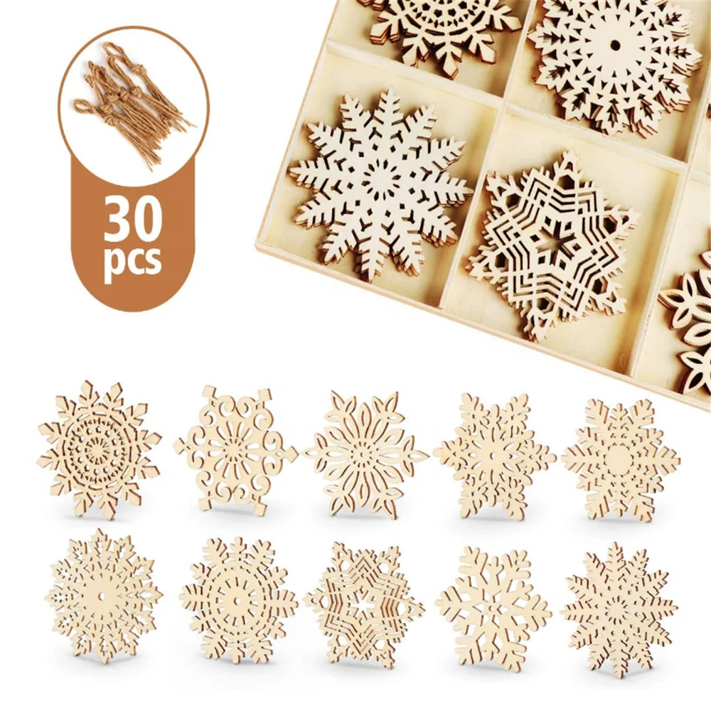 30 шт Деревянный снежинки украшения 4 дюймов деревянные подвесные украшения в деревенском стиле Рождественская елка ремесла