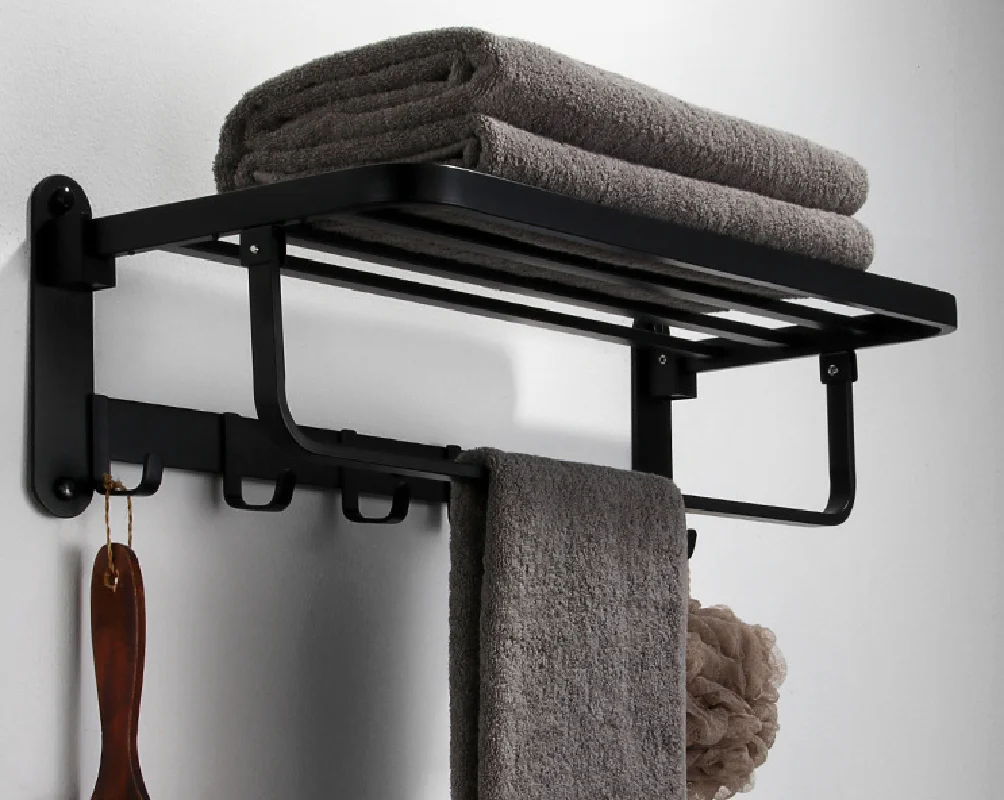 Modern No Drilling Self Adhesive Bath Towel Racks Bathroom Towel Roller Holder Foldable Square Black Towel Bars With Hooks