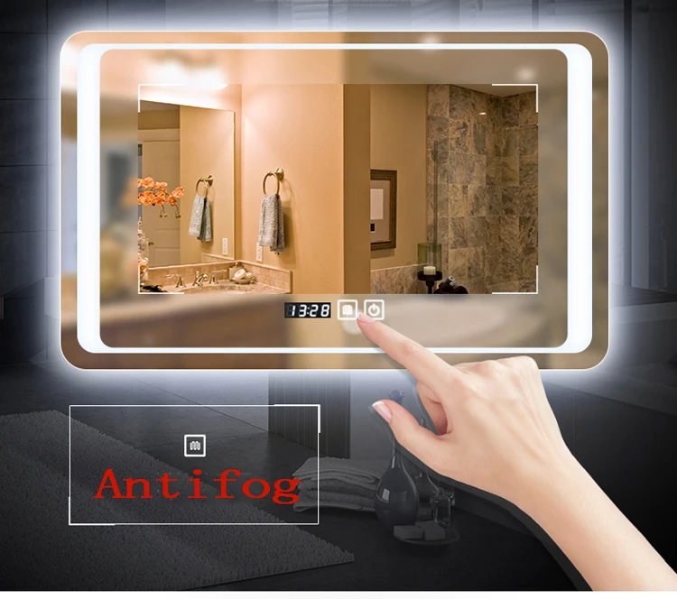 Modern Style LED Light Bathroom Rectangular Smart Touch Screen Lighting Mirror Silver Rectangle Customizable Wall Hanging