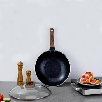 Wholesale 32cm cast iron wok with glass cover non-stick chinese wok wooden handle wok pan