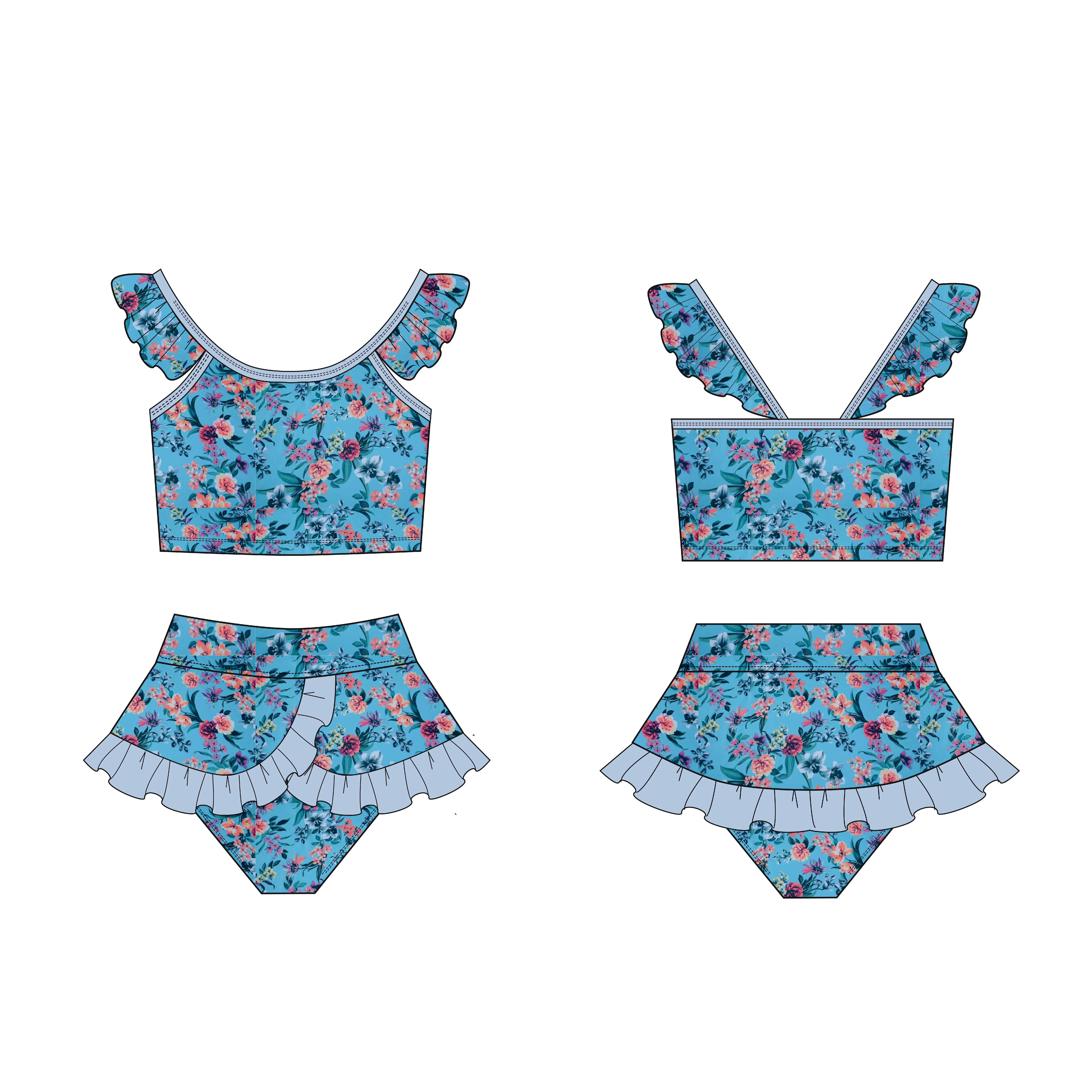 Yihui odm Custom Ruffle two Piece Green Floral baby Swimwear Swimming Suit Kids Swimsuit Children Bikini For Girls