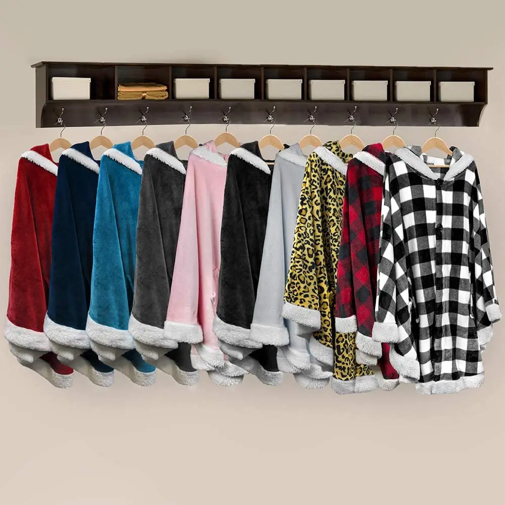 Wearable Blanket Poncho with Neck Warmer Hood Plush Poncho Sweater Large Blanket Cape Hoodie