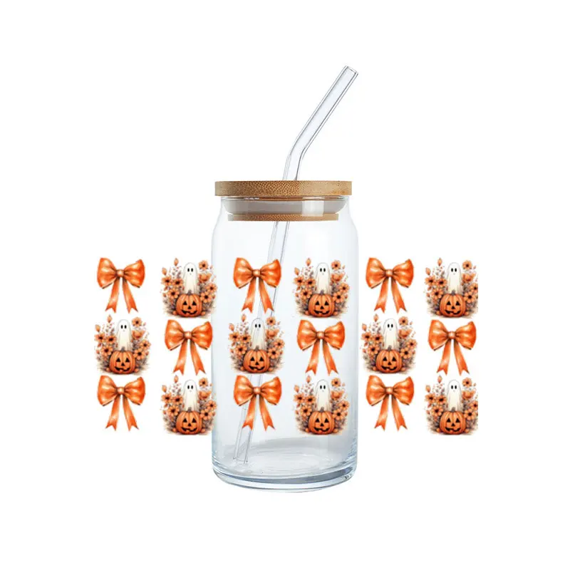 Pink Bows UV DTF Cup Wrap Transfers Halloween Coquette Aesthetic Ribbon Pumpkin Uvdtf Decals Stickers for 16oz Libbey Glass Cup
