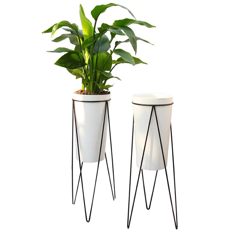 Wholesale Creative New High Wrought Iron Frame Plastic Flower Pot Simple Nordic Style Flowerpot  for Garden