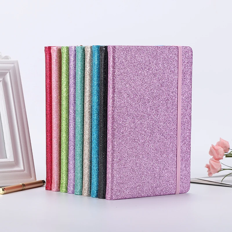 new design bright PU leather cover notebook A5 shine line pages diary flash color notebook with elastic strap  for stock