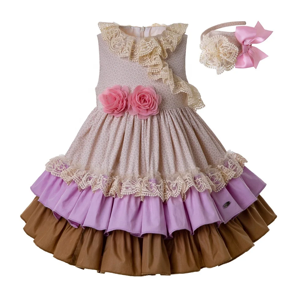 OEM Pettigirl Beige Girl Dress With Pink Flower Lovely Girls Dress For Wedding Summer Child Clothing