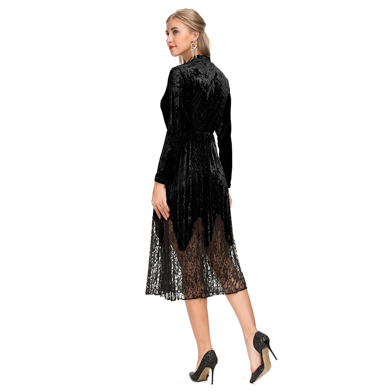 Latest design pleated lace hem women long sleeve high waist crew neckline soft velvet fabric midi dress