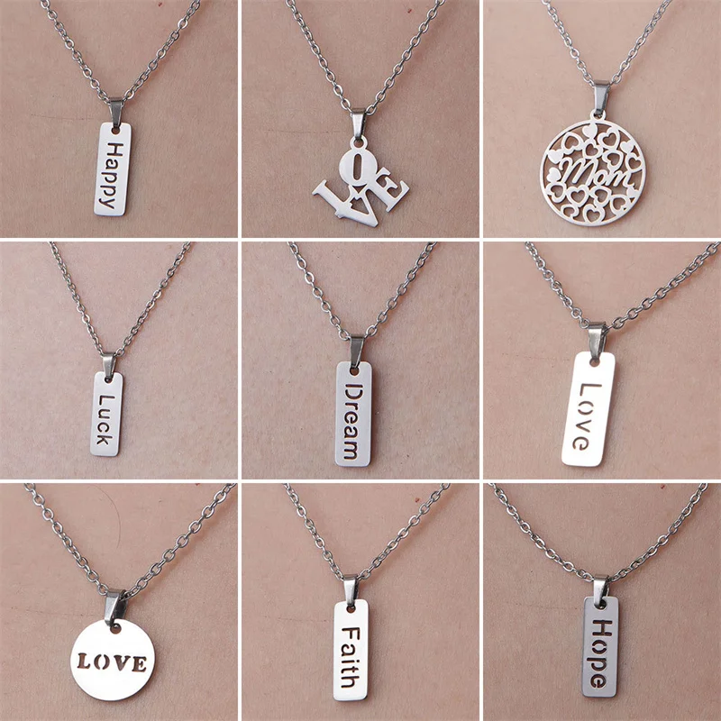 Stainless Steel Bar Pendant Engrave Lucky Happy Faith Necklace for Women Men Jewelry