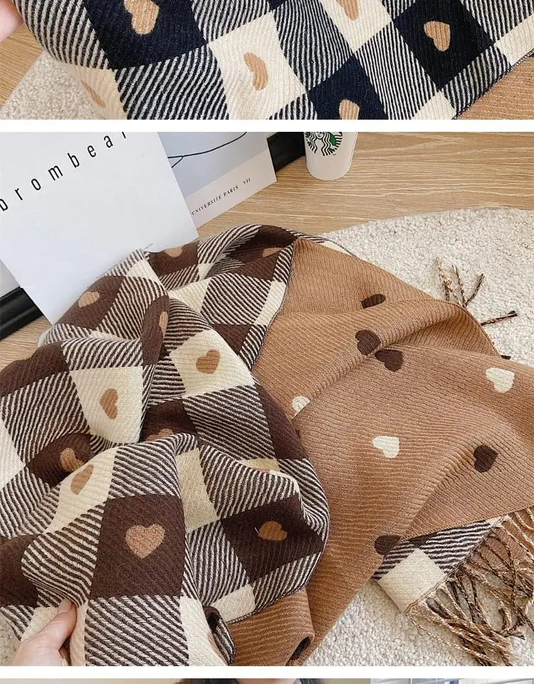 versatile Korean version large shawl thick neck for warmth Double sided love grid red cashmere scarf