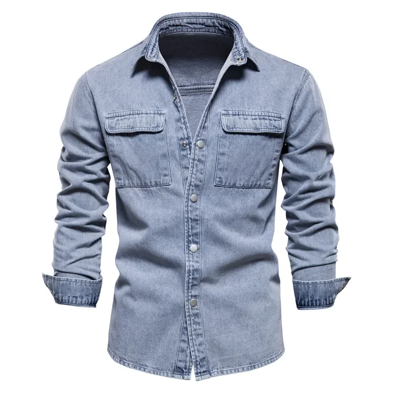 Autumn 100% Cotton Denim Shirts Men Casual Solid Color Long Sleeve Shirt for Men Spring High Quality Jeans Male Shirt