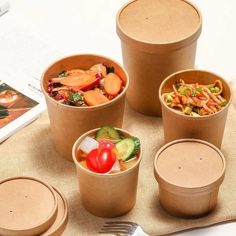 custom kraft paper soup cup bowl with lid disposable take away dessert rice salad noodle packing box container on sale