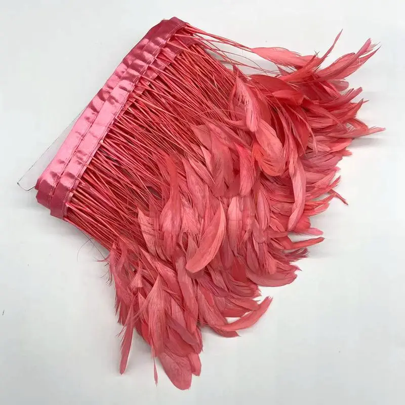 Cheap sale 10-15cm stripped Rooster tail Feather fabric trim With Satin Ribbon Tape