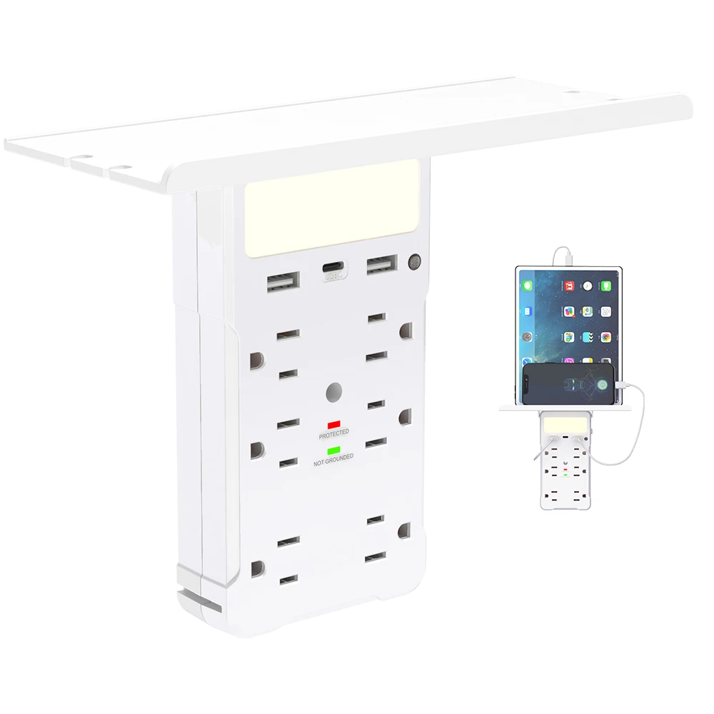 Wontravel Plug Surge Protector USB-C Adapter Rack USB Socket Wall Charger 6 Outlet Extender with Night