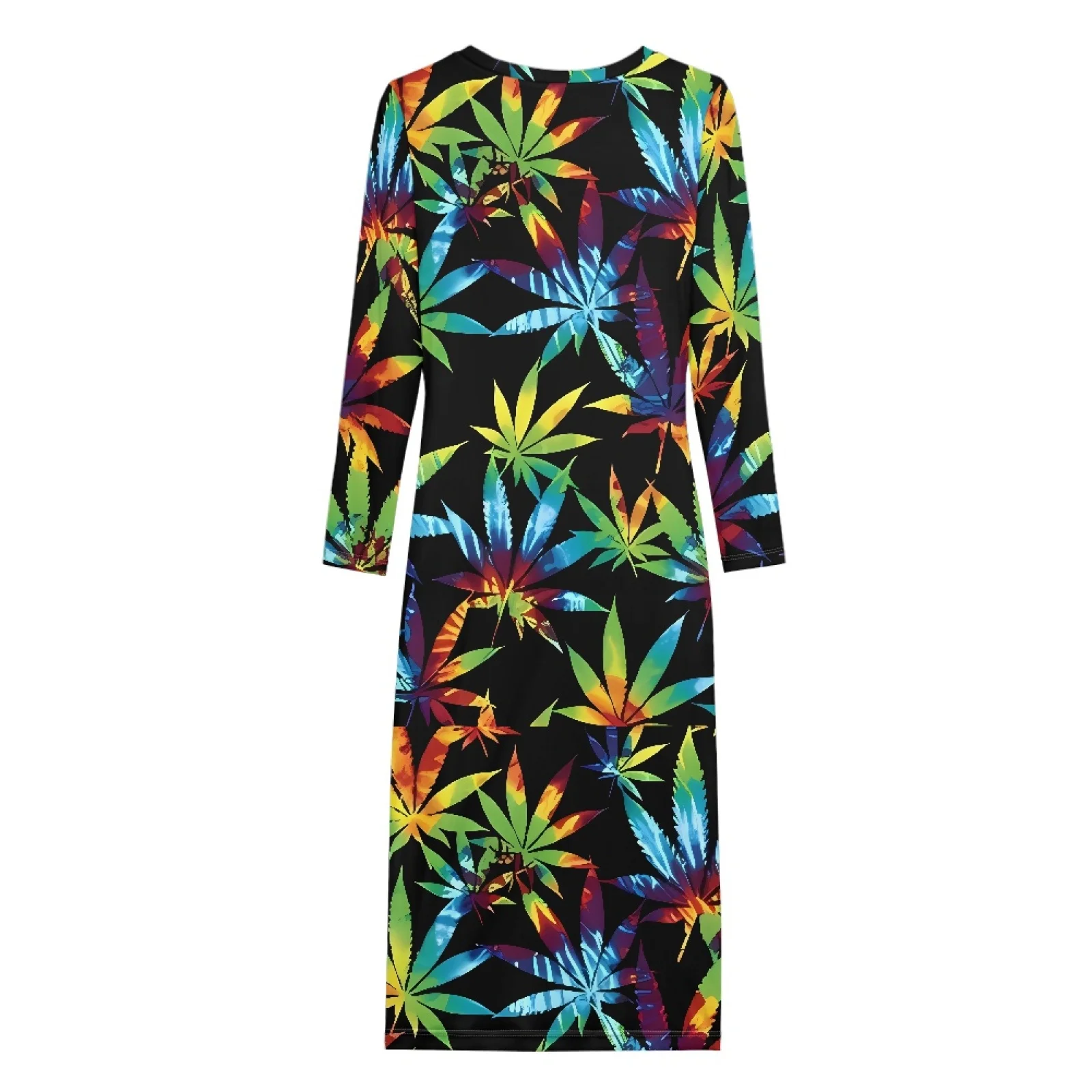 High Quality Spring Autumn Women Long Sleeve Maxi Dresses Hawaiian Leaf Print Round Neck Elegant Dress Party Club Bodycon Dress