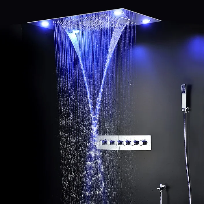 waterfall 600*800 MM Ceiling Concealed Mounted rainfall rain curtain mist led shower set stainless steel thermostatic shower