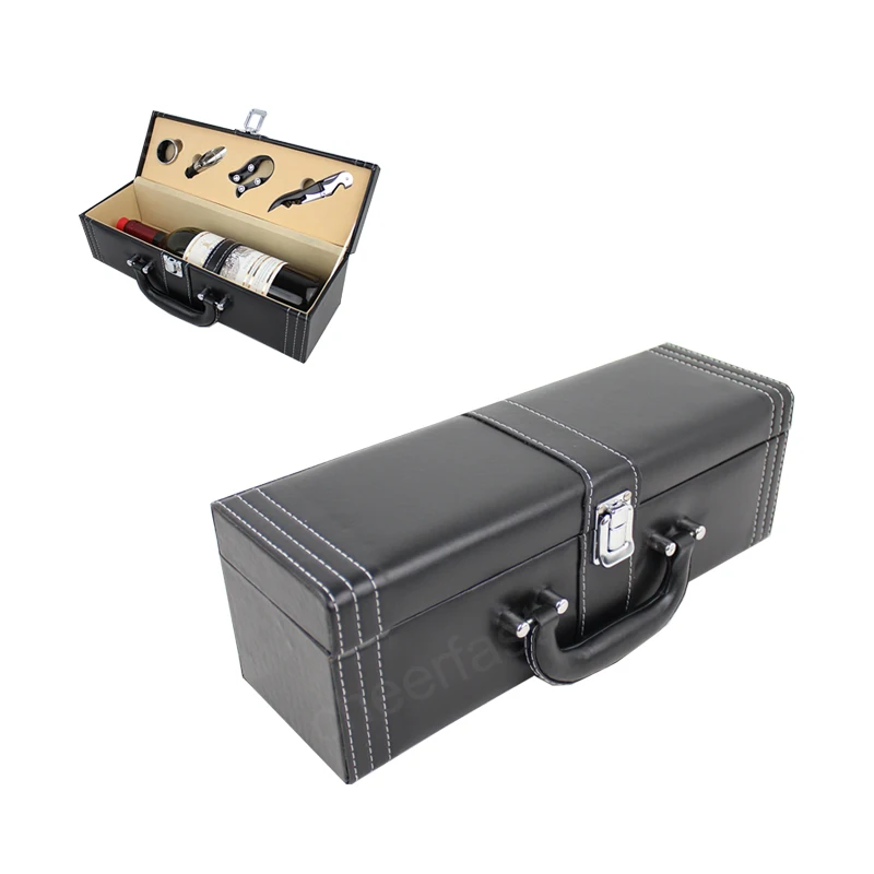 Father Day Gift 4pcs Tools Inside Wine Single Bottle Box PU Leather Premium Wine Carrier Case