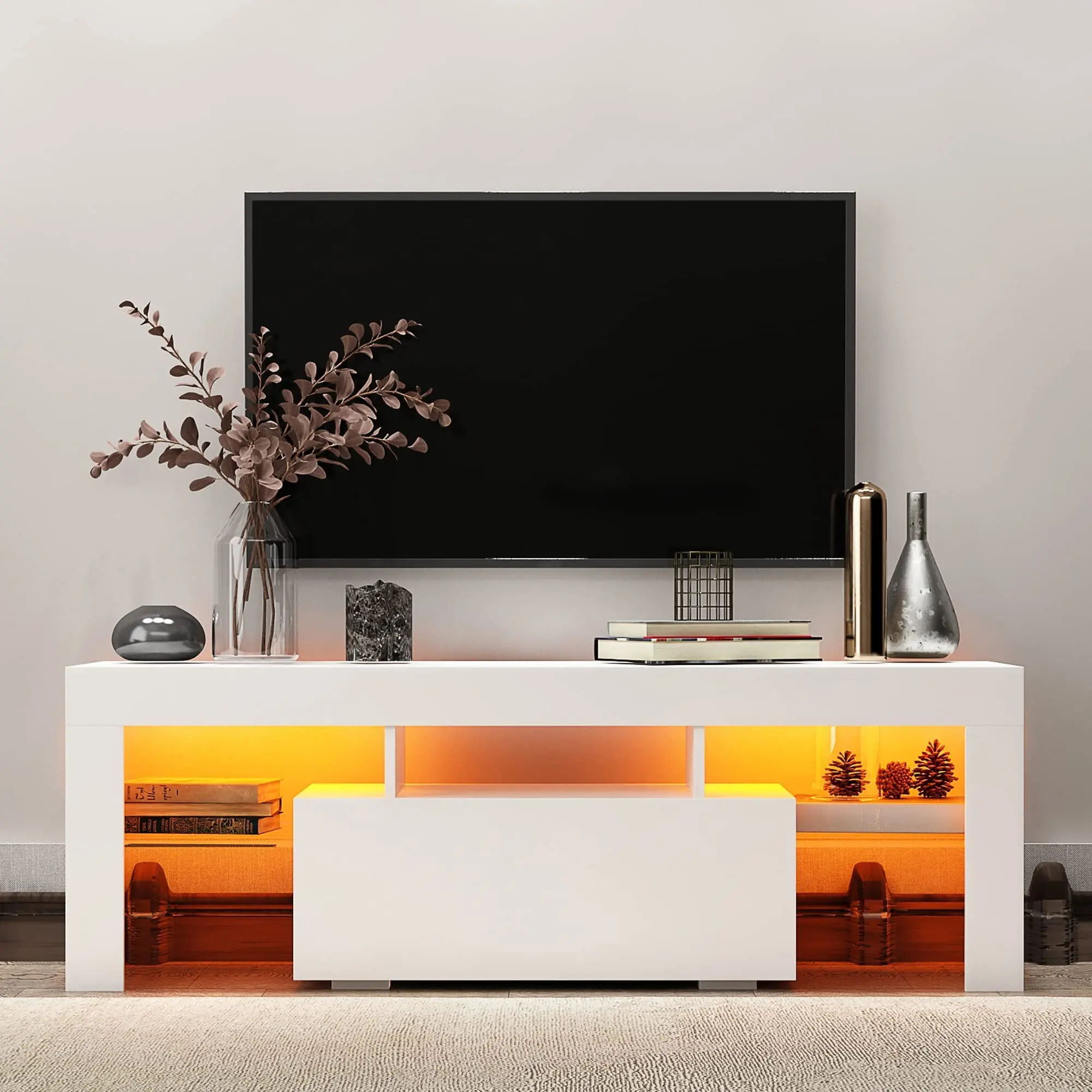 modern design wooden white long 72-inch electric fireplace tv stand cabinet floating wall media console for lving room