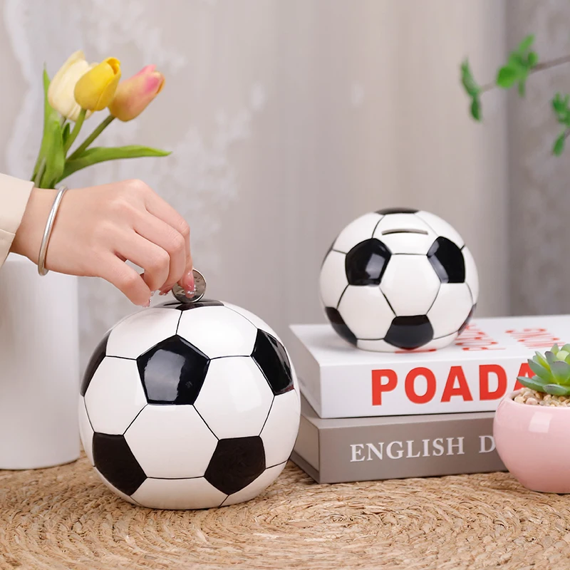 Redeco New Design Creative Football Piggy Bank Cool Piggy Bank For Adults Ceramic Soccer Piggy Bank For Gifts Home Decoration