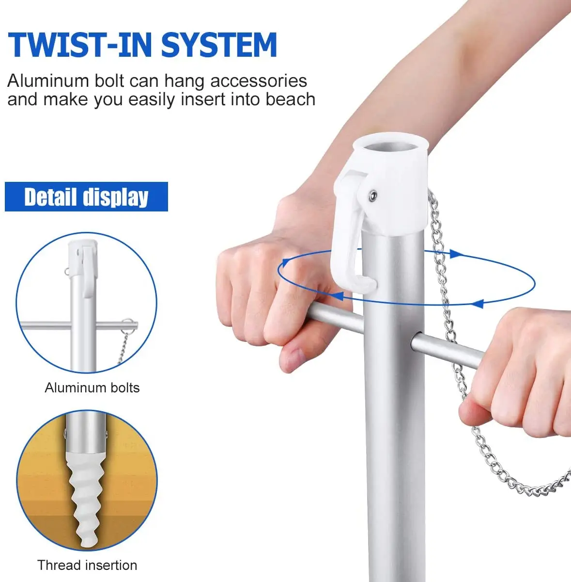 7 ft Sand Anchor Beach Umbrella Adjustable Height with air vent Zinc Tilt Twist-in System UPF 50+ Silver Coating Inside