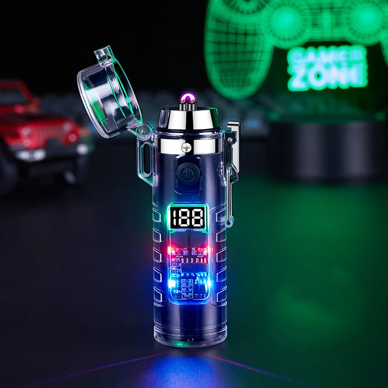 Rechargeable Double Arc Cigarette Lighter Outdoor Camping Waterproof Stove Lighter Transparent Self Glowing Lighter Flashlight