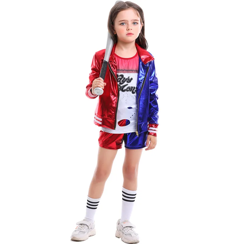Hot Sale Kids and Adults Same Style Suicide Squad Quinn Halloween Costumes with Wig for Girls and Women