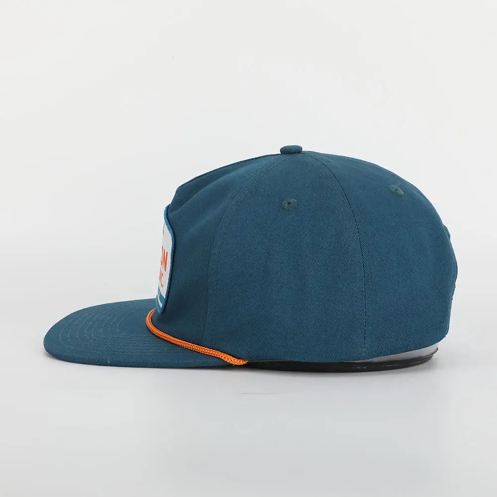 Wholesale Custom Men High Quality 5 Panel Blue Cotton Rope Hat Flat Bill Unstructured Woven Patch Logo Baseball Cap