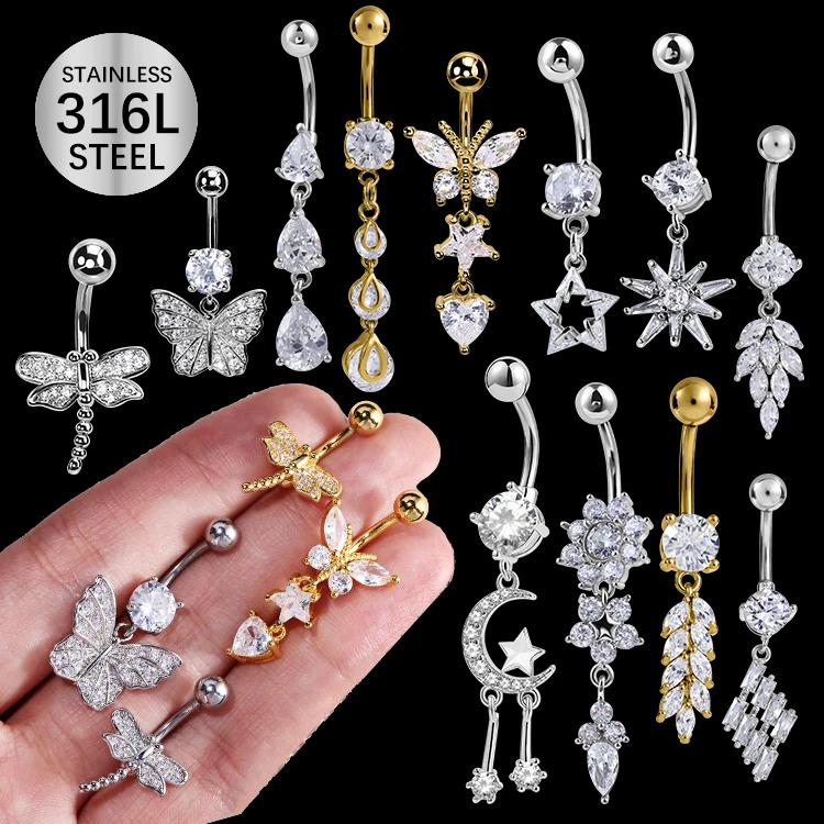 Summer Sexy Gold Silver Belly Piercing Navel Piercing Rings Flower Dangle Cz Zircon Butterfly Belly Button Ring