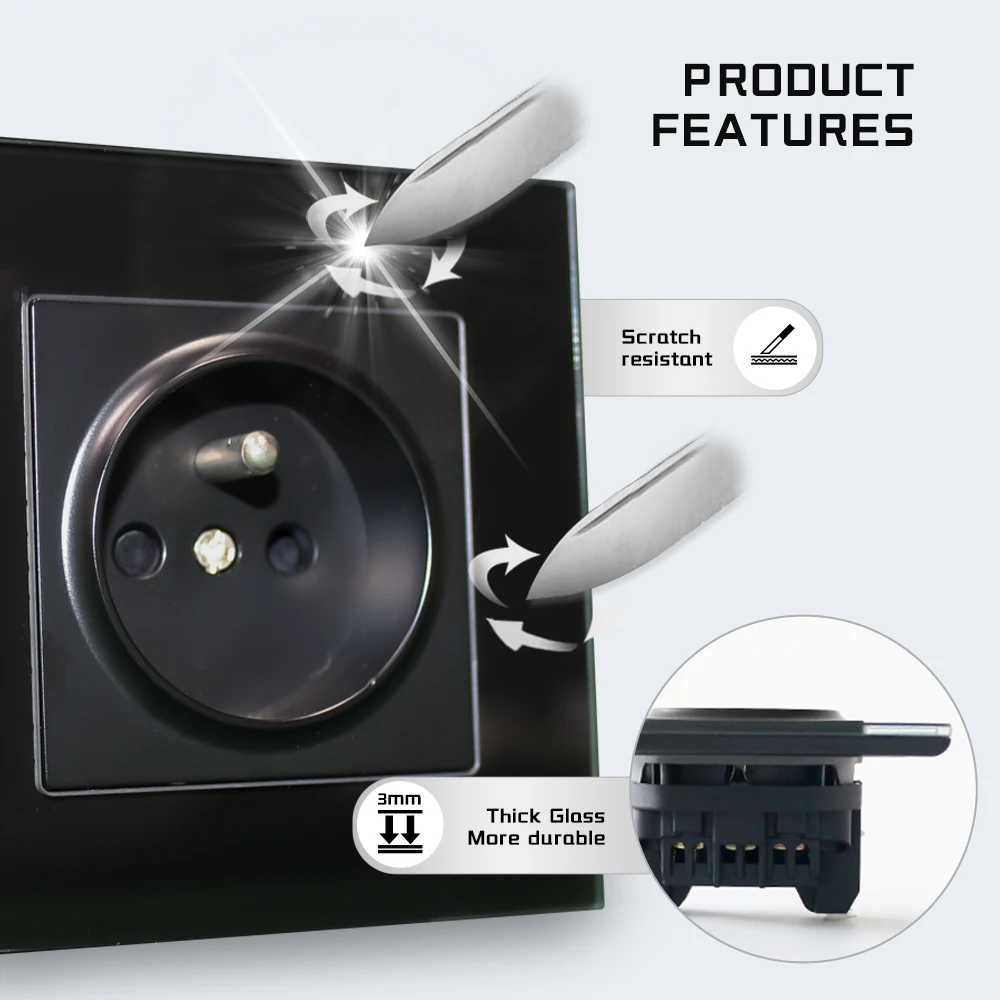 White / Black EU Standard Luxury Tempering Glass Panel 16A Electrical Wall Switch Socket French Socket