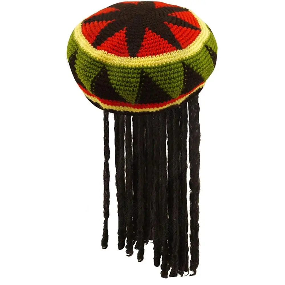 Fancy Dress Adults Knitted Jamaican Rasta Beanie Hat & Dreadlocks Hair   AD3519