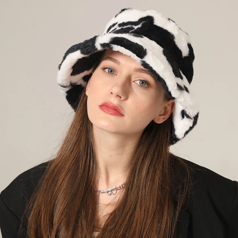 Wholesale Custom Fuzzy Warm Fisherman Hat Winter Thickened Faux Rabbit Wool Fluffy Plush Fashion Cow Pattern Bucket Hat