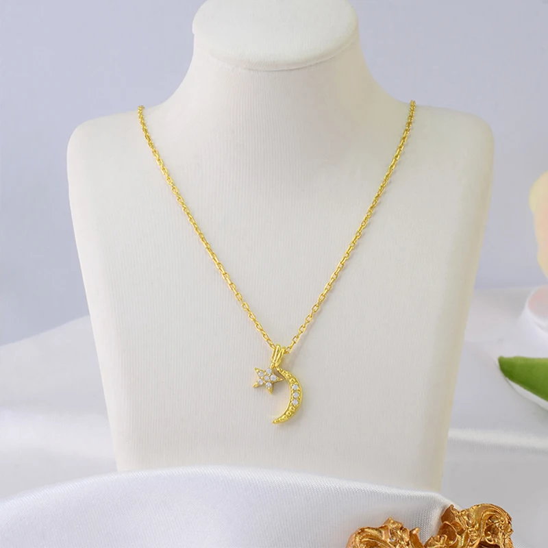 Wholesale Jewelry Making Accessory Crescent Moon And Star Shape Gold plated 925 Sterling Silver Cz Pendant Necklace
