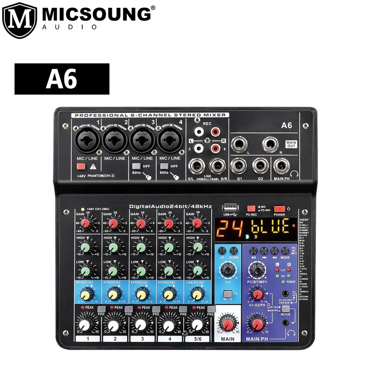 A6 Professional 6 Channel Digital Audio Music Mixer Console DJ Controller Audio Console Mixer USB Bluetooth Connection