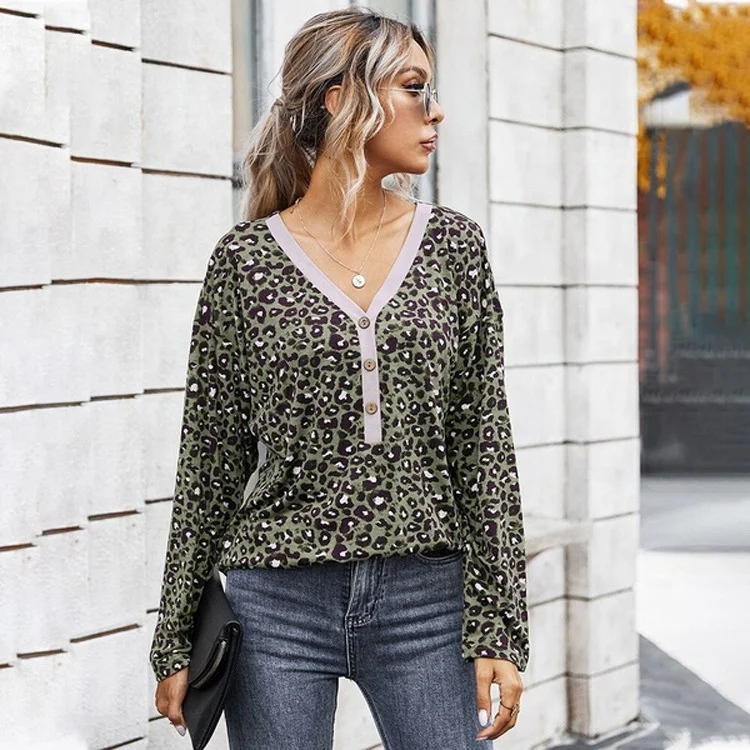 
Women Deep V Neck Dot with Button Vintage Blouses Leopard Long Sleeve Plus Size T-shirts 