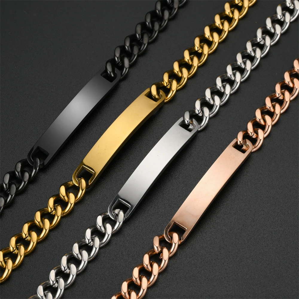 Stainless Steel 18k Gold Plated Cuban Chain Adjustable Charm Engraved Logo Curved Bar Bracelet Bangle Fashion Jewelry