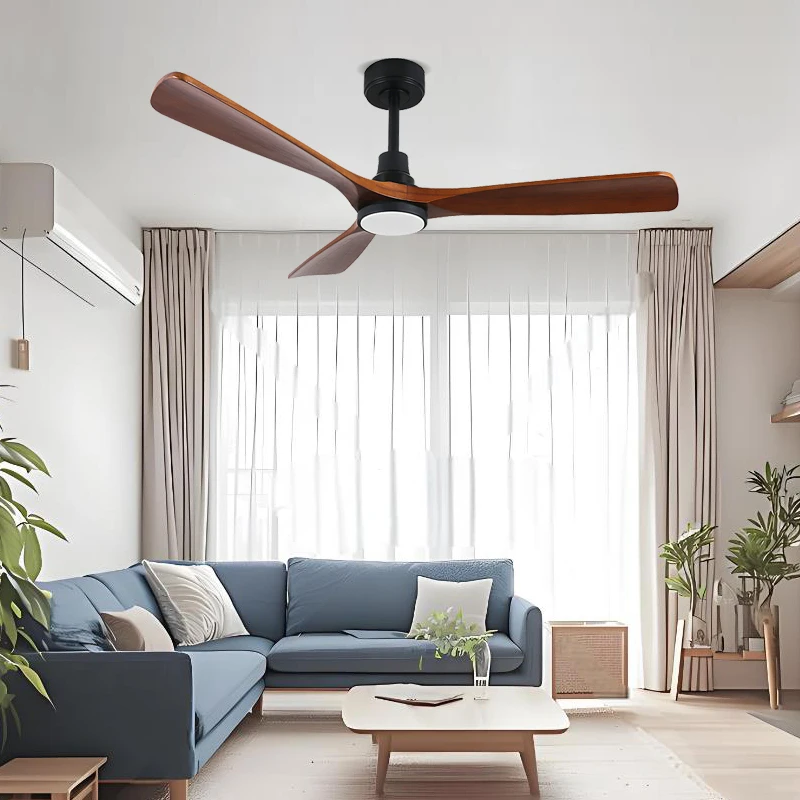 Modern 52 Inch DC Motor Ceiling Fan with Wooden Blades and LED Light Iron Body Outdoor Remote Control for Villa Application