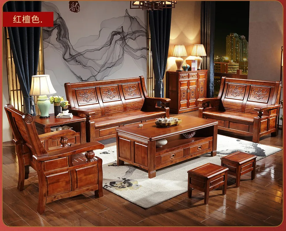 Real wood sofa mortise tenon structure carved flowers camphor wood sitting room sofa tea table sitting room furniture set