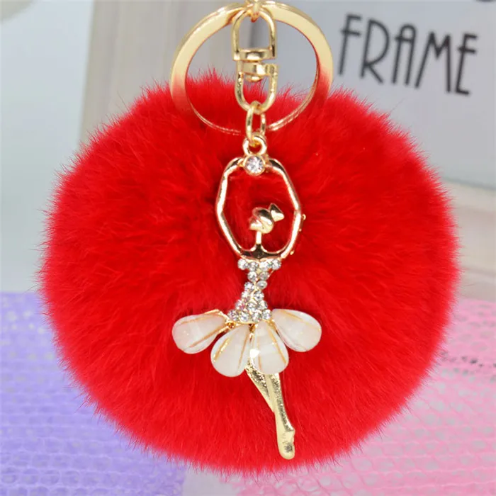 Hot Fashion Women Fur Ball Ballet Dancer Pom Pom Charm Car Keychain Handbag Key Ring Pendant
