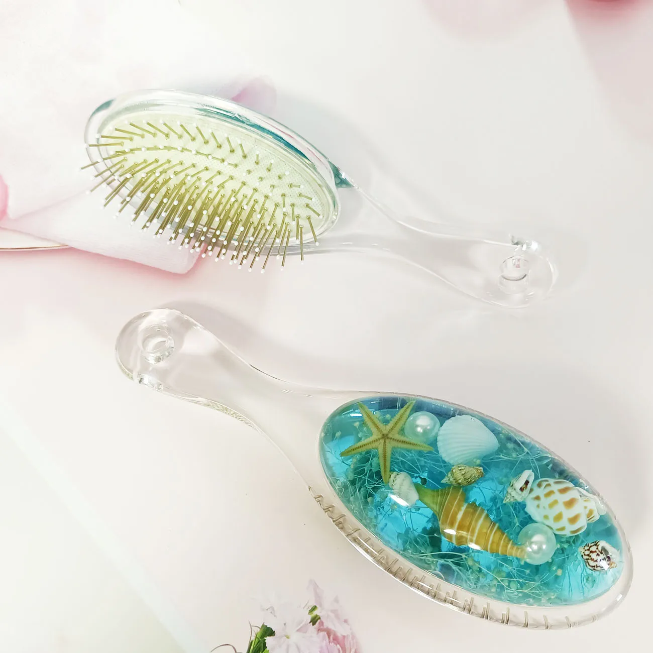 Акриловый держатель для щетки для волос, овальная форма, синие гелевые ракушки, массажер для океана, расслабление рук, удобное путешествие, украшение для дома