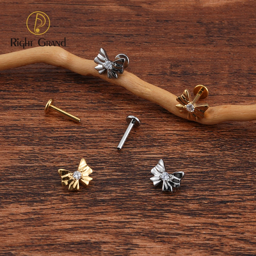 Right Grand ASTM F136 Titanium 16G Bow Tie Labret Lip Stud Earring with CZ Helix Cartilage Conch Tragus Flat Back Piercing